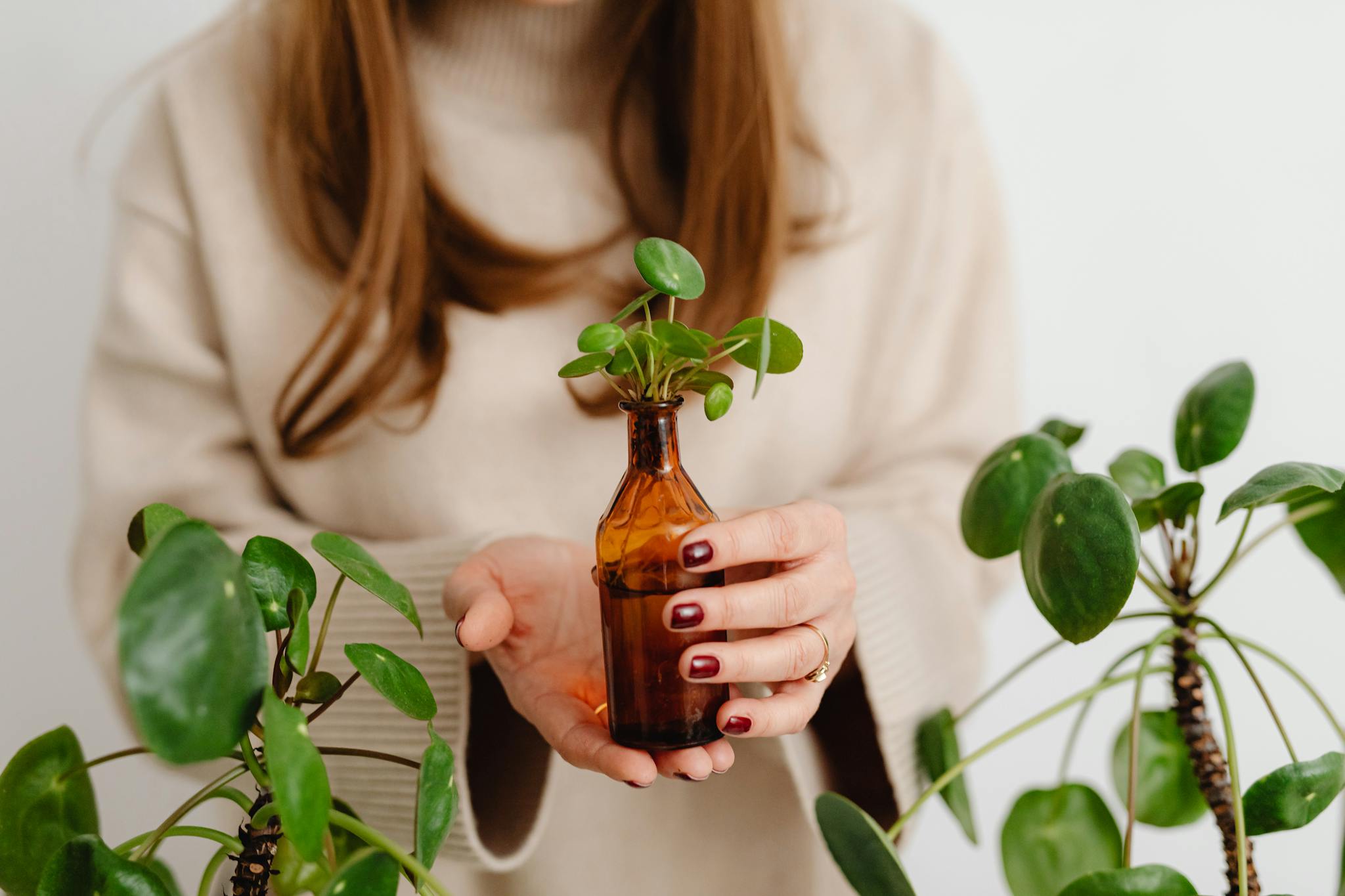 a woman holding a plant in a